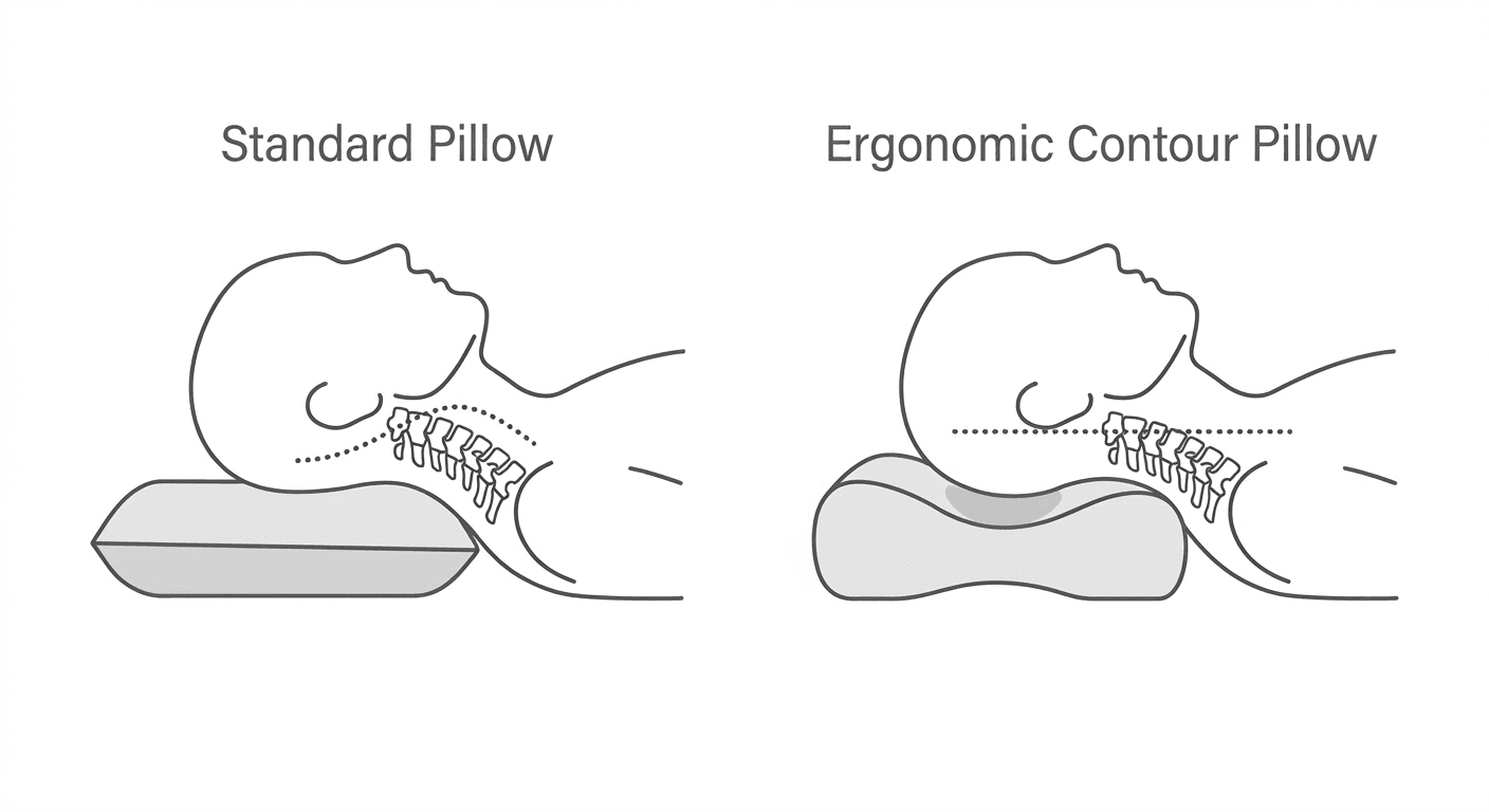 Side-view diagram comparing neck alignment on standard flat pillow versus ergonomic contour pillow for spinal support