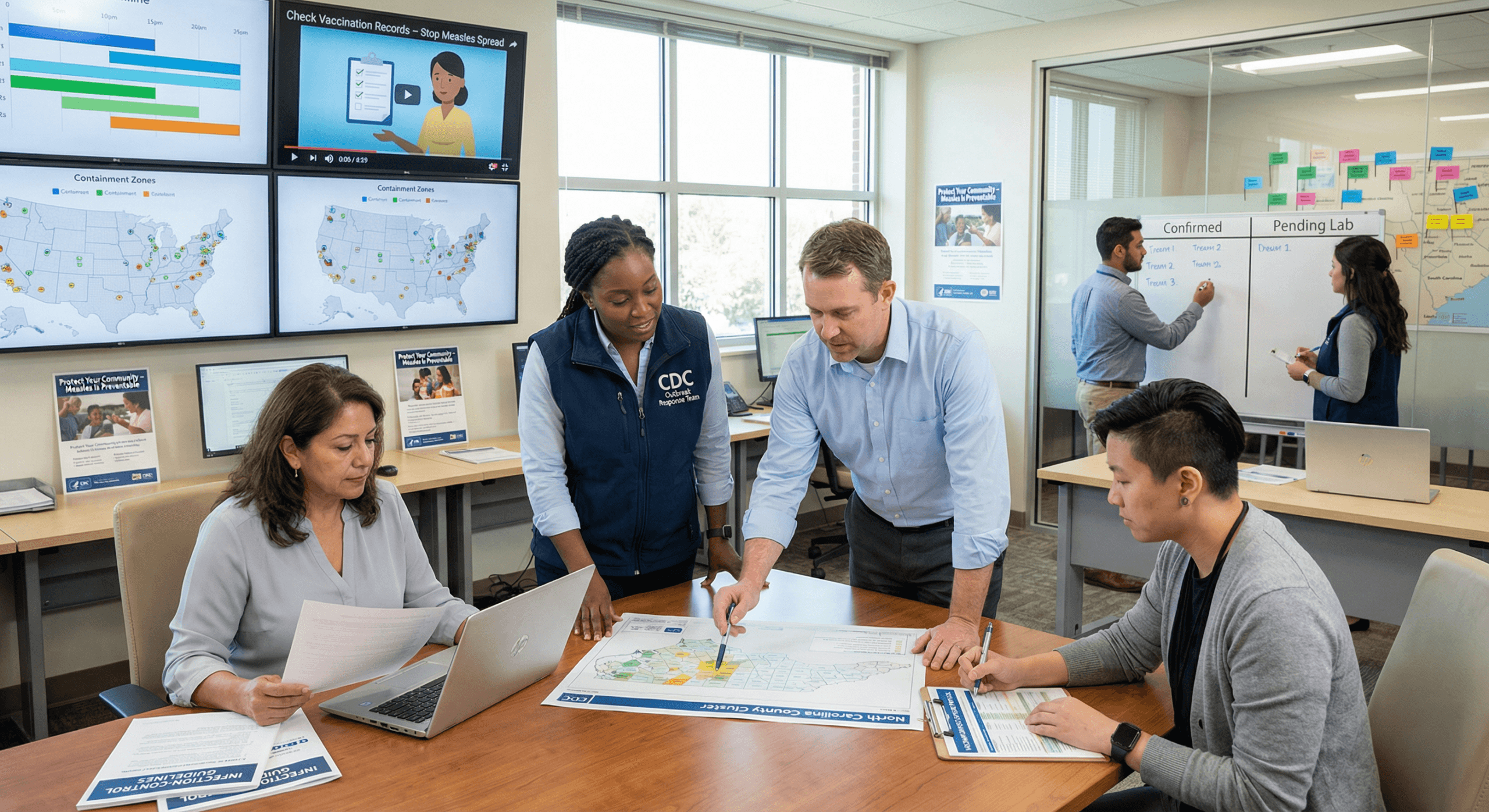 CDC and state health leaders collaborate around maps and tablets in a daylight operations room, capturing CDC measles response 2026 as unified federal‑to‑local coordination that strengthens U.S. community resilience.