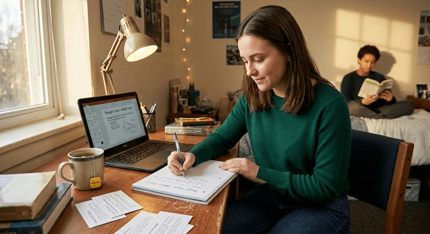 A college student’s anxious expression softens into focus while writing “What’s True?” in a notebook beside a laptop, representing academic anxiety growth mindset and the shift from stress to problem‑solving through mindful reasoning.