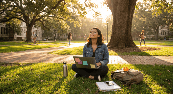 A relaxed college student studies in early‑morning light with notes reading “Learn → Not Prove,” illustrating academic anxiety growth mindset by turning pressure into calm curiosity and progress‑focused learning.