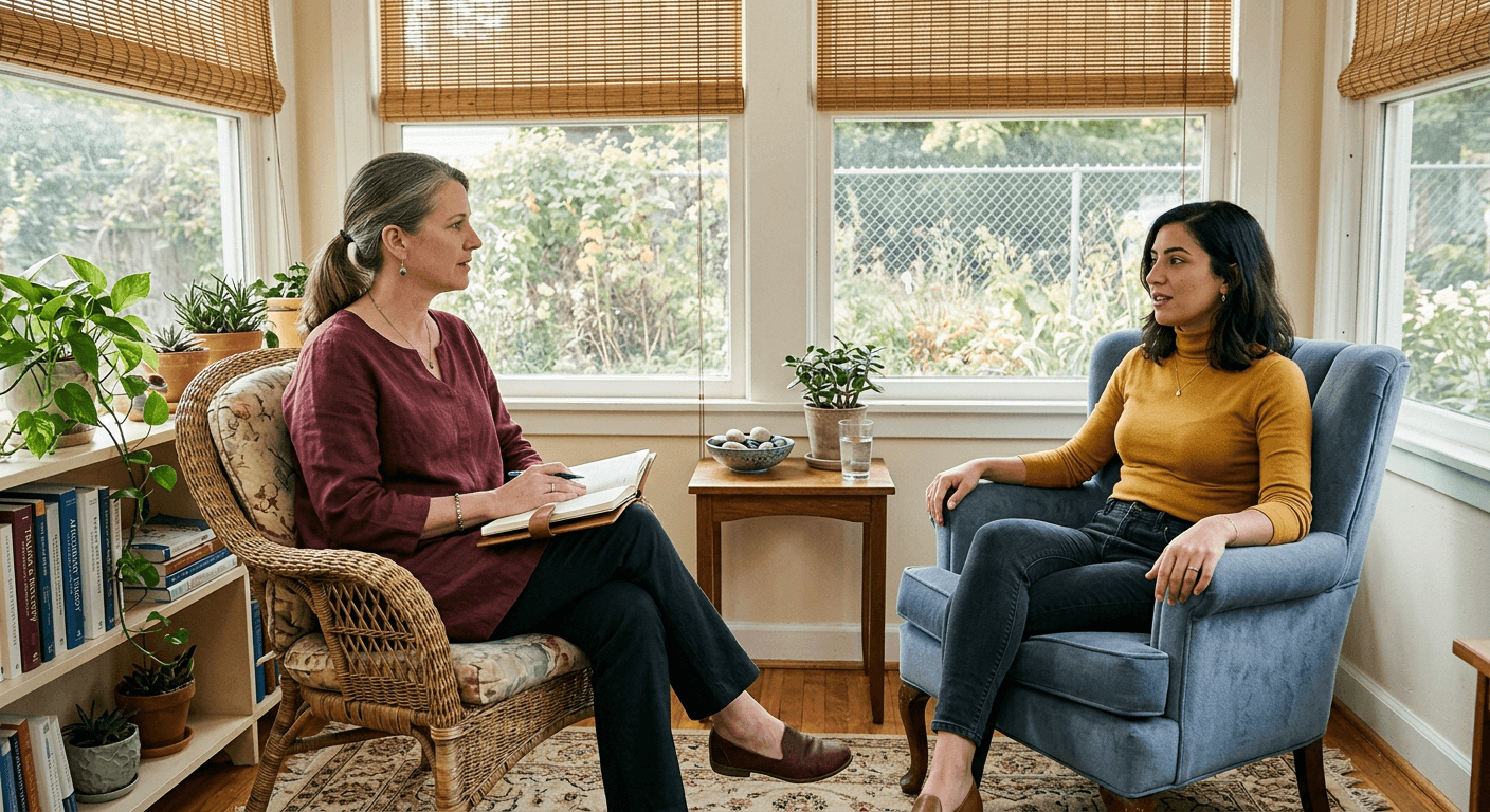 Therapist and client sitting in converted sunroom office with notebook and tentative engaged posture in natural light