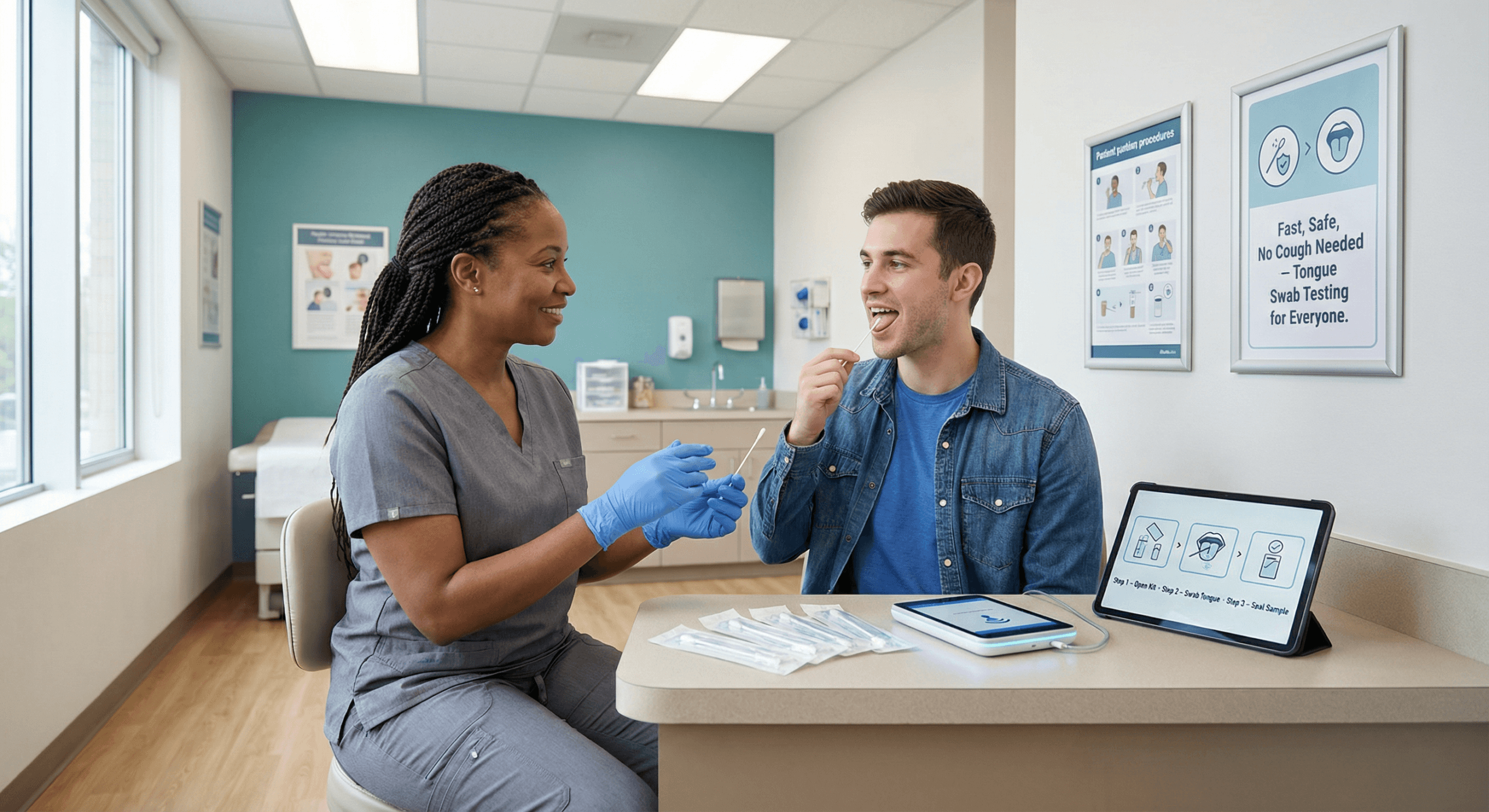 A healthcare worker demonstrates a tongue‑swab test to a patient in a bright clinic, reflecting the WHO tuberculosis diagnosis update and its focus on faster, non‑invasive, community‑friendly detection methods.