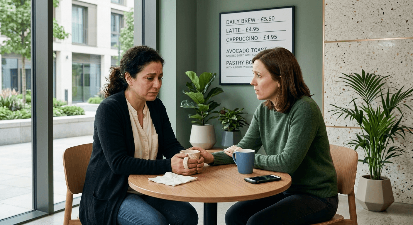 Two women at coffee shop table with vulnerable and attentive expressions showing support crucial for burnout recovery process