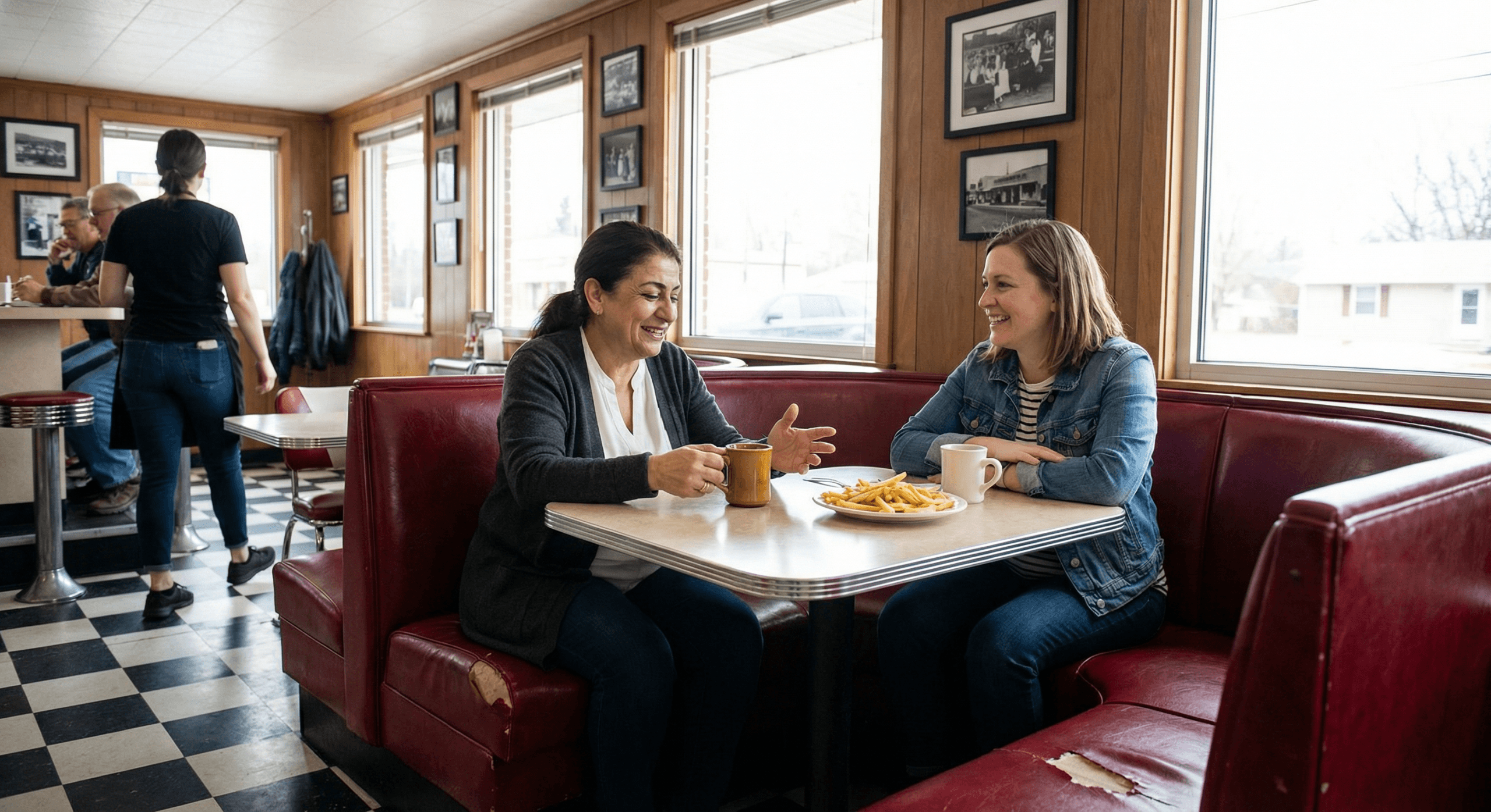 Two women in diner booth having engaged conversation about non-parenting topics illustrating social reconnection in reclaiming identity after kids process