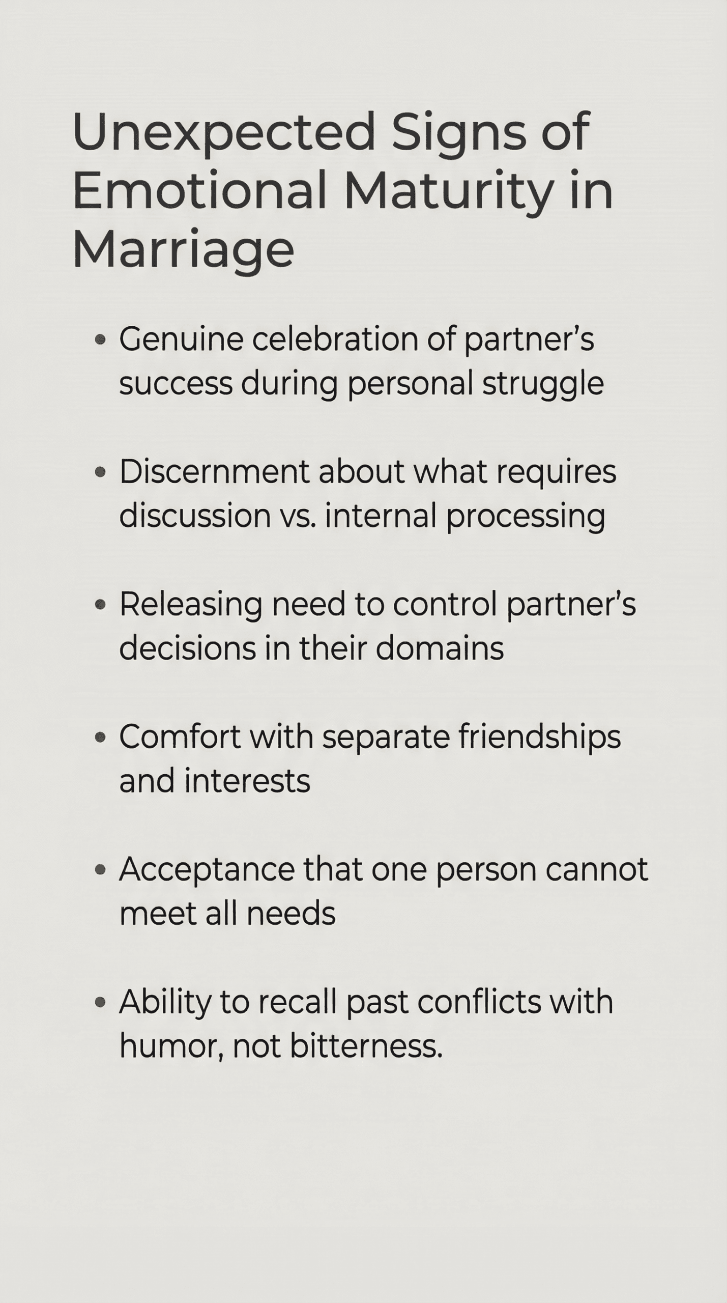 Vertical list showing six unexpected signs of emotional maturity in marriage including celebrating partner's success and processing conflict with humor