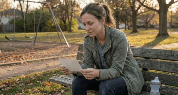 Woman on park bench holding old photograph of younger self in moment of reflection illustrating process of reclaiming identity after kids