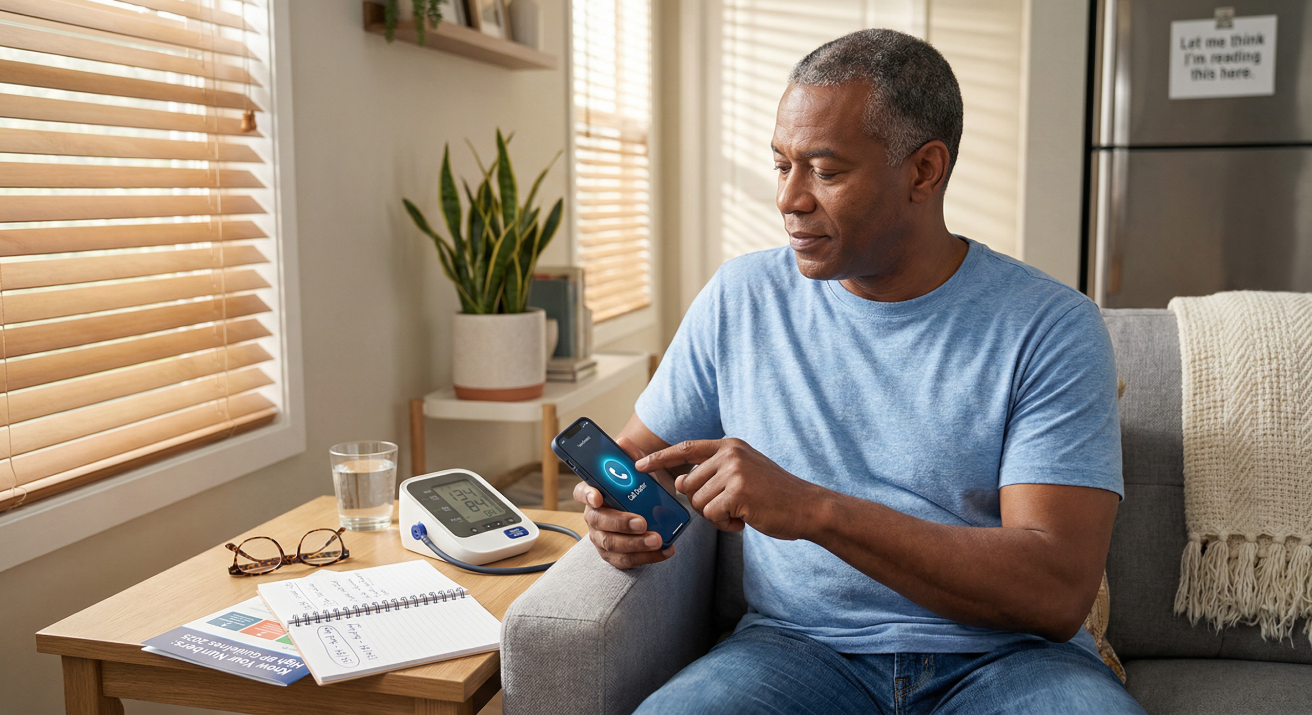 A middle‑aged man calmly checks his home blood‑pressure monitor beside a glowing telehealth app, illustrating blood pressure numbers explained and the confidence to contact his doctor when readings trend high.