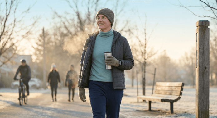 An adult smiles while walking through crisp winter sunlight, breath visible in the cold air, symbolizing seasonal mood changes balanced through gentle outdoor movement, gratitude, and natural light therapy.