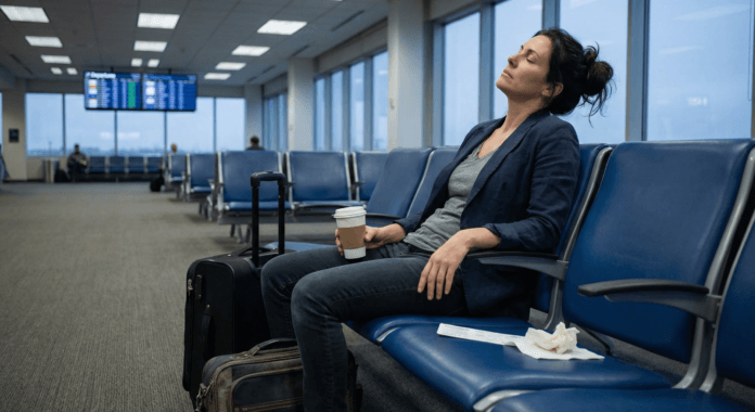 woman-airport-gate-exhaustion-early-morning-burnout.jpg Woman slumped in airport chair with eyes closed showing physical and mental exhaustion indicative of burnout recovery need