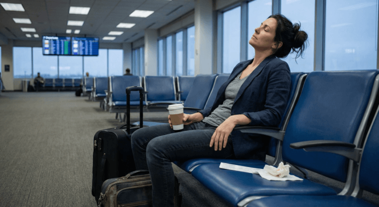 Woman slumped in airport chair with eyes closed showing physical and mental exhaustion indicative of burnout recovery need