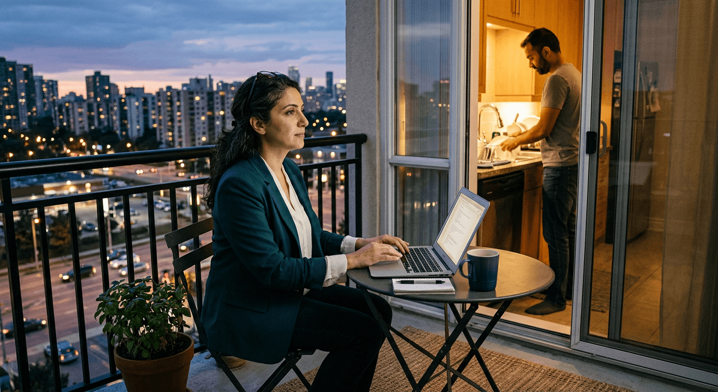 Middle Eastern woman sitting at balcony table with laptop looking outward contemplatively while partner washes dishes inside