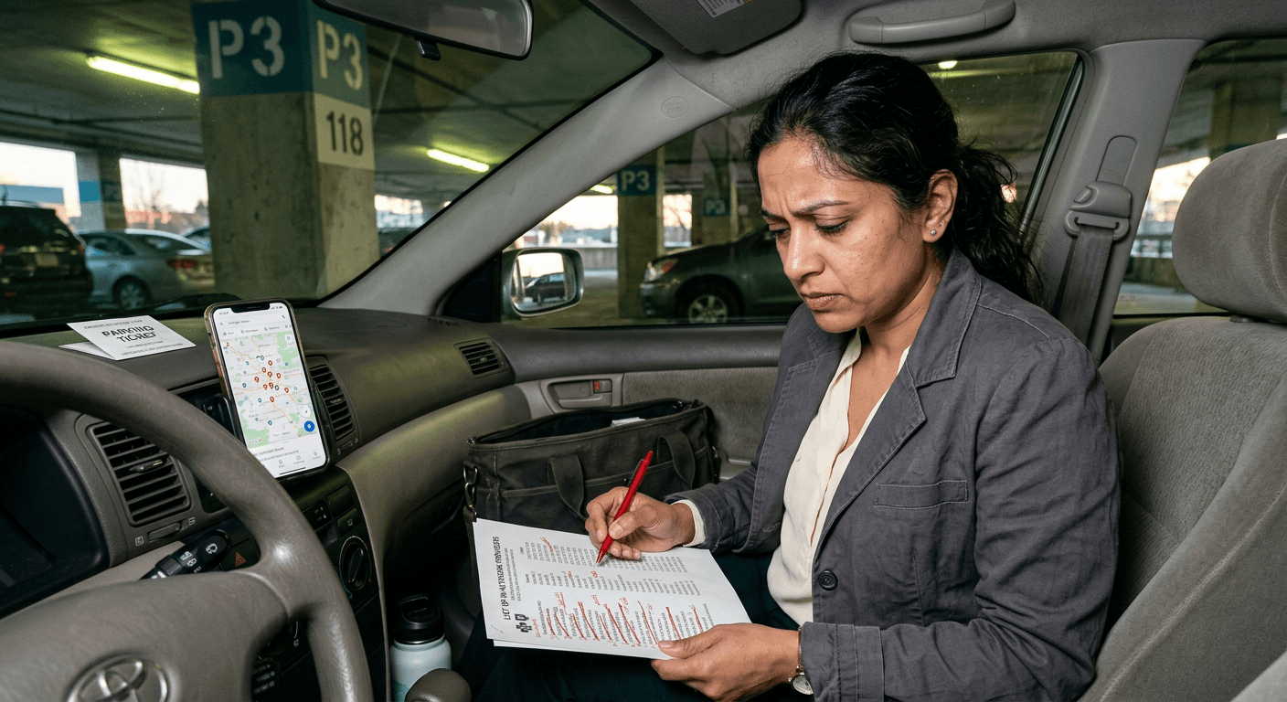 South Asian woman in parked car reviewing limited in-network mental health provider list illustrating mental health parity law network adequacy violation