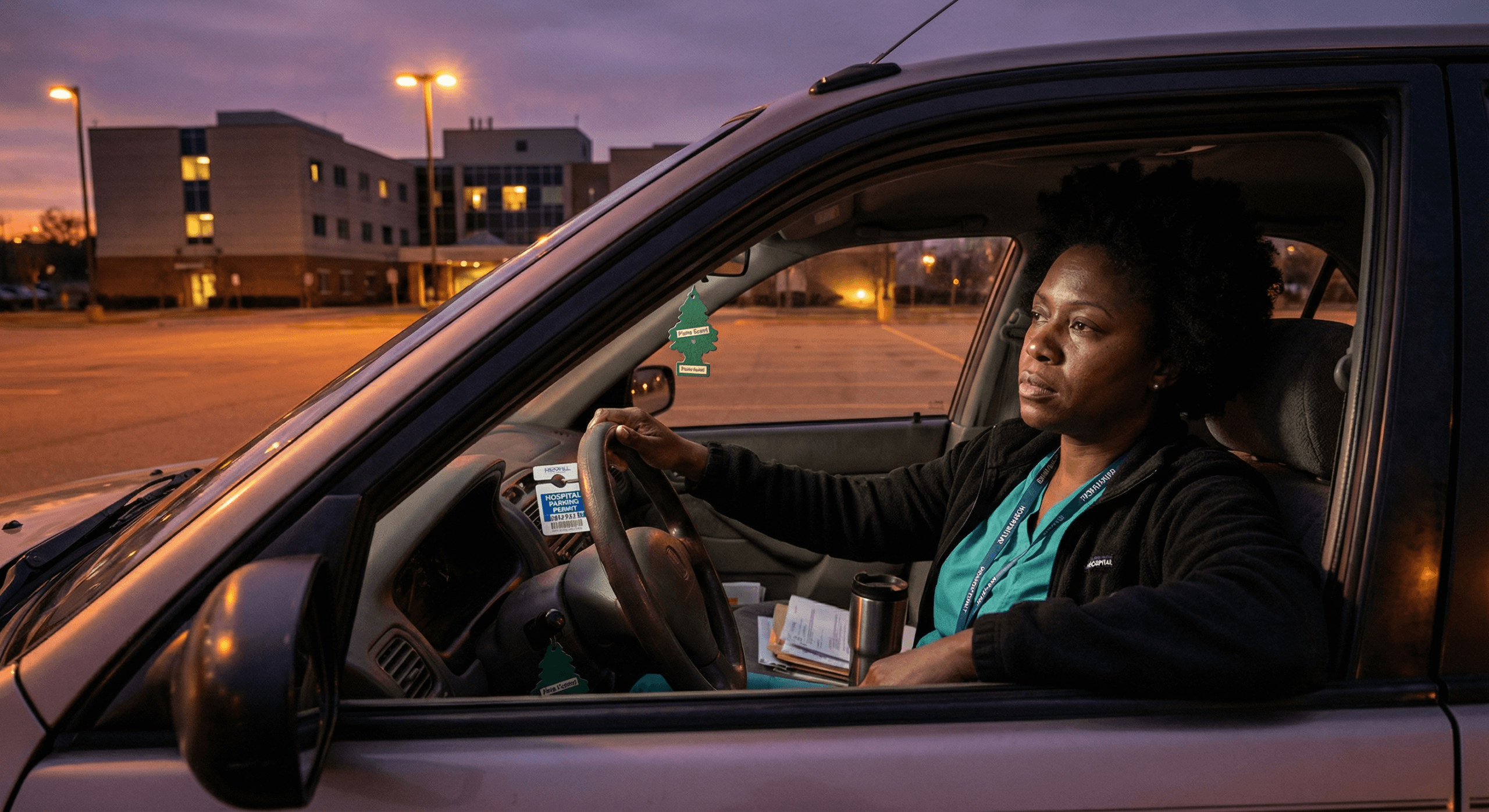 Black woman in hospital scrubs sitting in parked car staring ahead with exhaustion reflecting burnout recovery barriers at work
