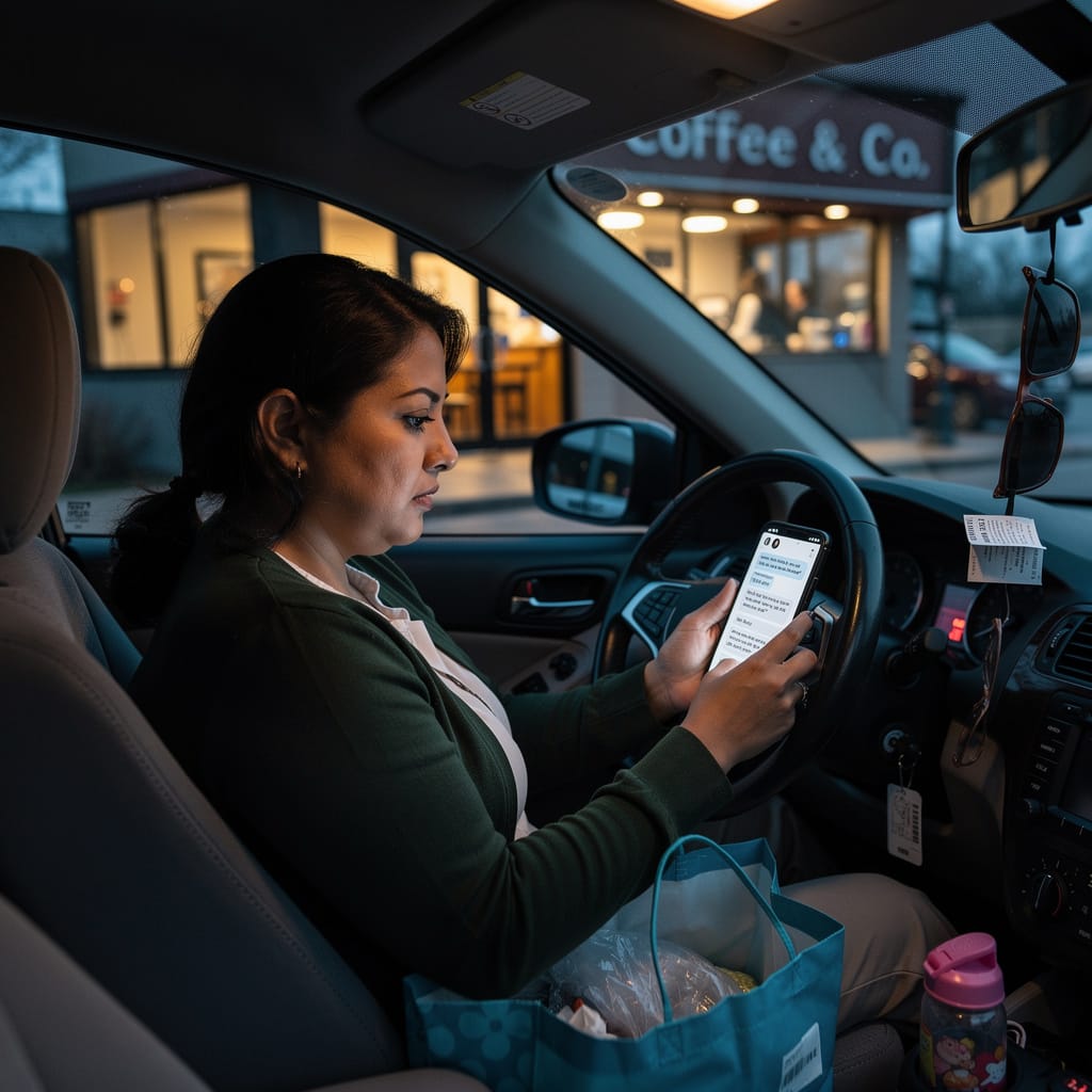 Latina woman in parked car reviewing inconsistent text messages recognizing behavioral patterns in intentional dating after divorce process