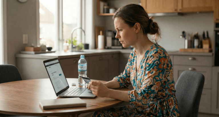 Woman at kitchen table reviewing dating platform options on laptop with credit card in hand