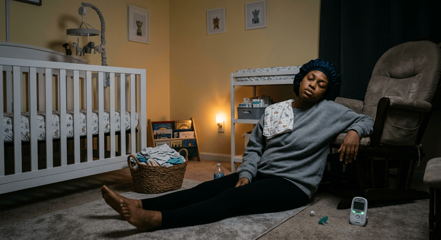 Black woman sitting exhausted on nursery floor at night in early motherhood illustrating identity loss challenges before reclaiming identity after kids