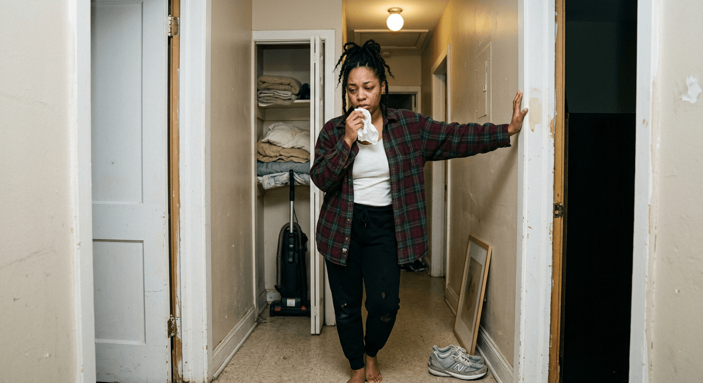 Black woman standing in narrow hallway holding tissue with tired expression and hand resting on doorframe