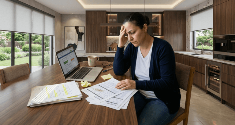Middle Eastern woman at kitchen table reviewing denied insurance claim documents illustrating mental health parity law enforcement challenges