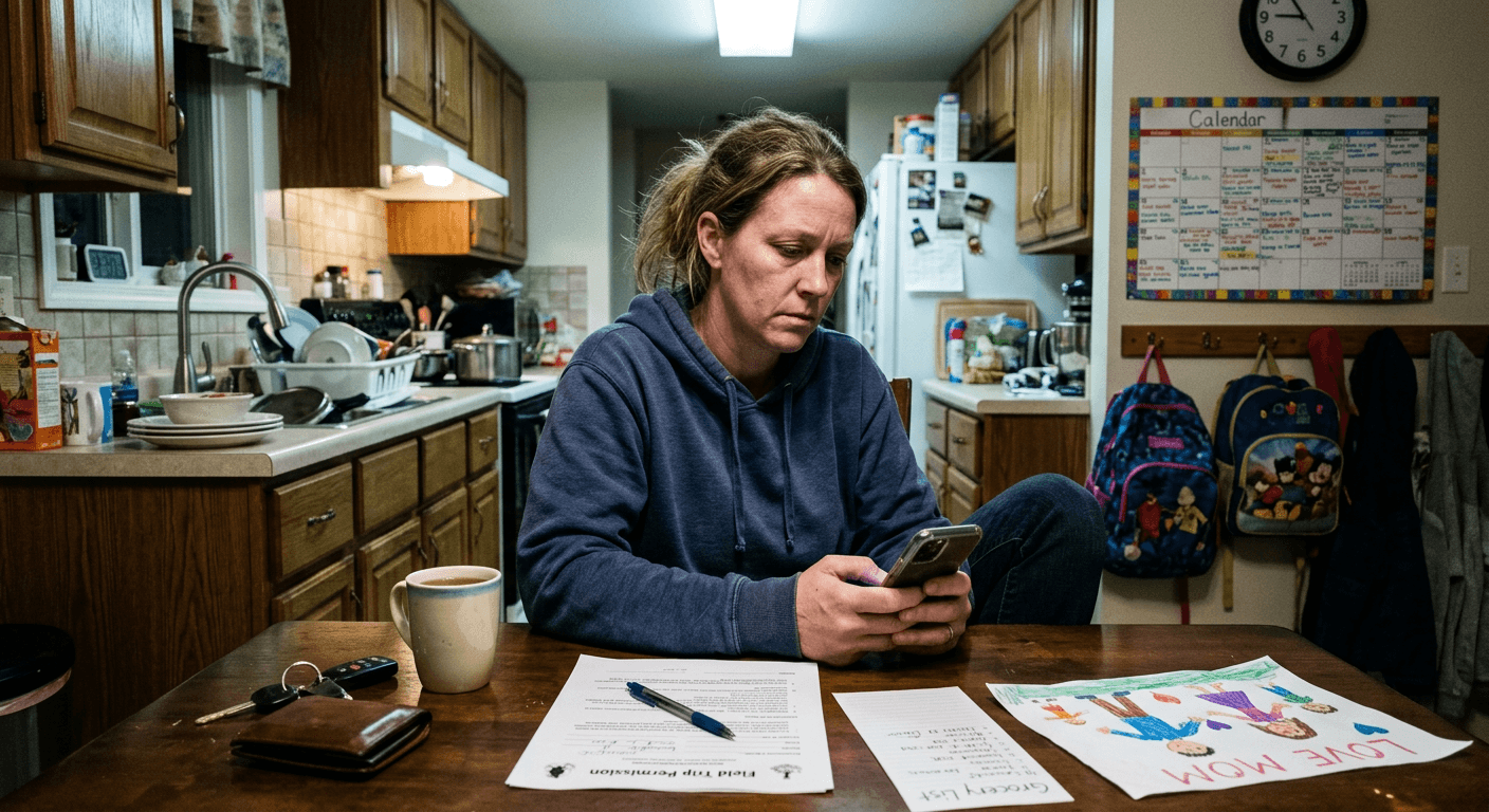 Woman at kitchen table looking at partner's social media showing unchanged social life highlighting identity imbalance complicating reclaiming identity after kids