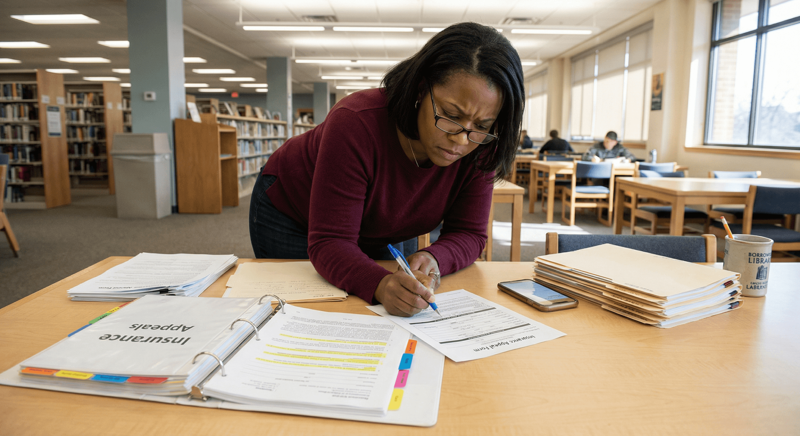 Black woman at library table filling out insurance appeal form with organized documents showing mental health parity law self-advocacy process