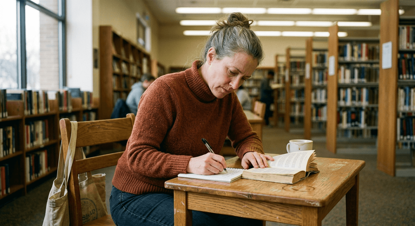 White woman in her late forties sitting at library table writing in notebook with focused introspective expression