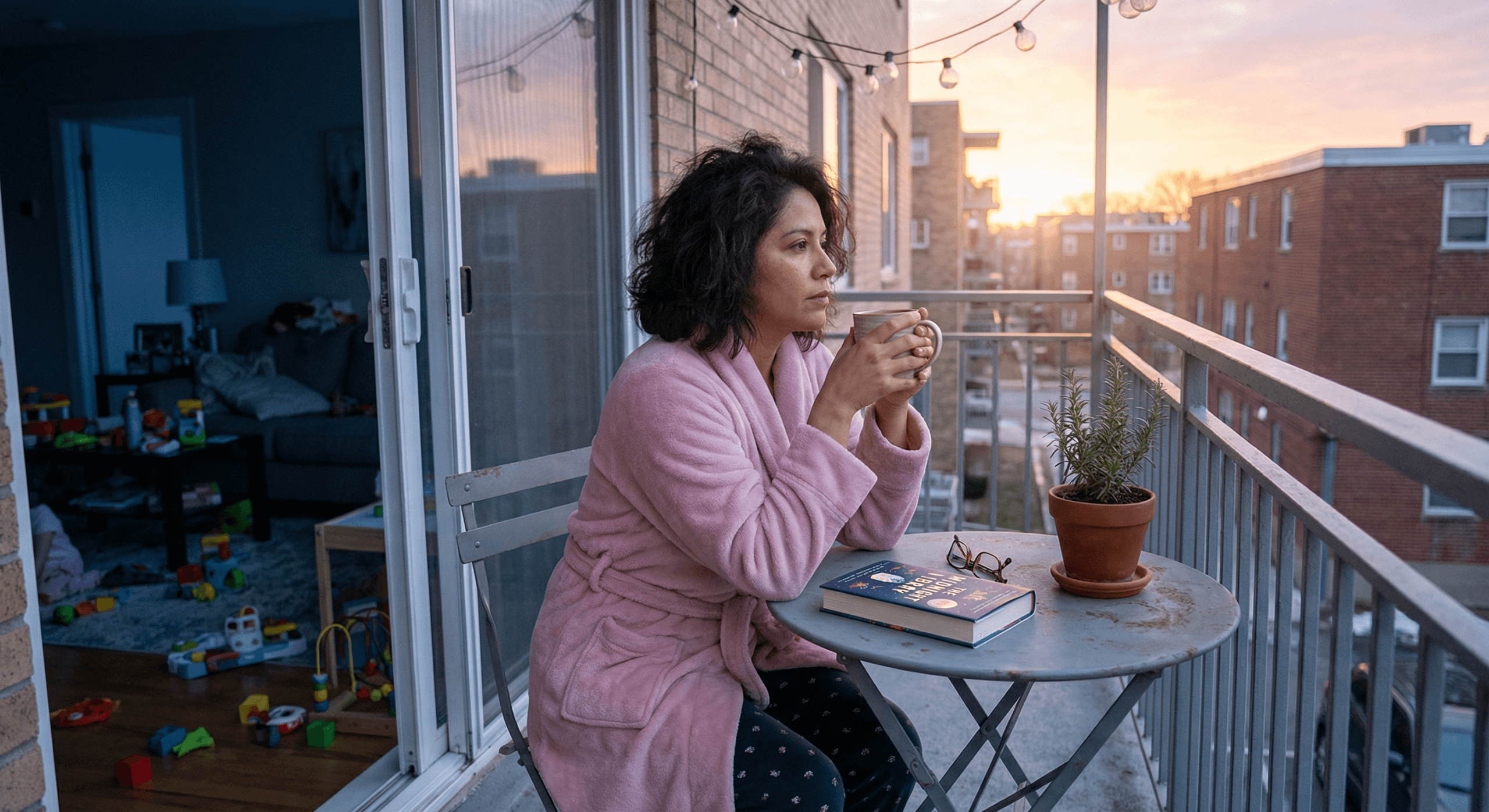 Latina woman on balcony in early morning with tea and novel enjoying solitary time as part of reclaiming identity after kids practice
