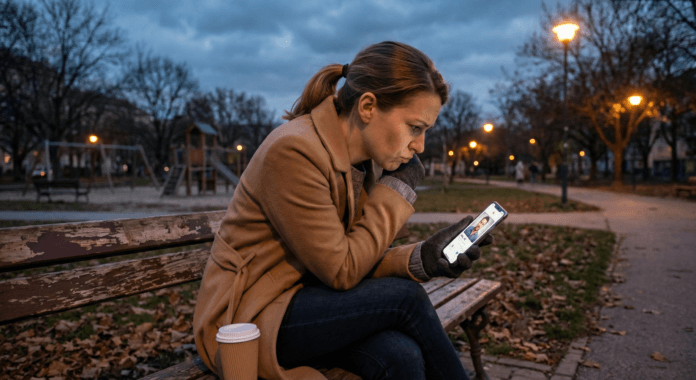 Woman on park bench at dusk looking at dating app profile with contemplative expression illustrating intentional dating after divorce process beginning
