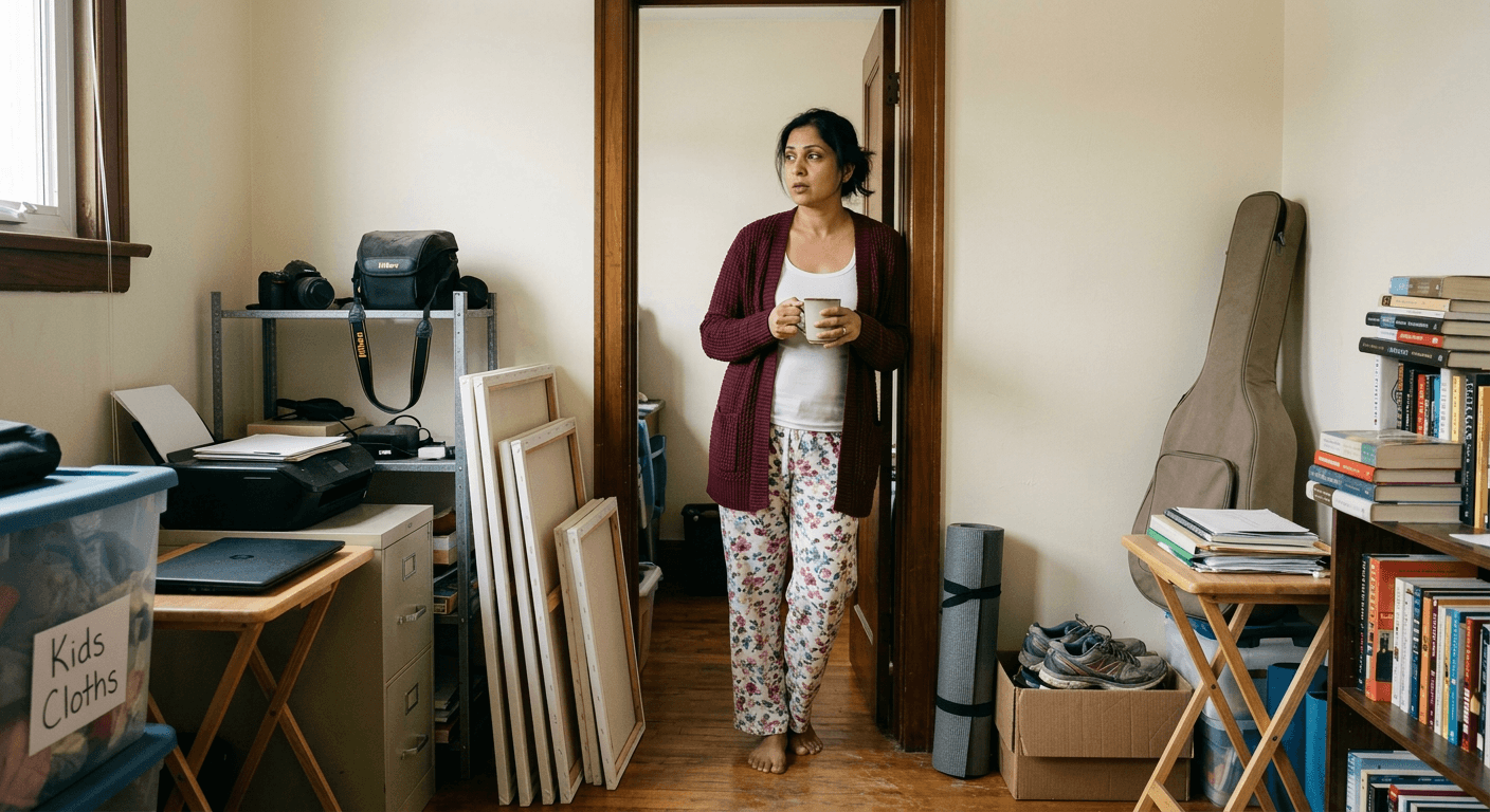 South Asian woman in doorway looking at stored camera, canvases, and guitar representing forgotten interests in reclaiming identity after kids process