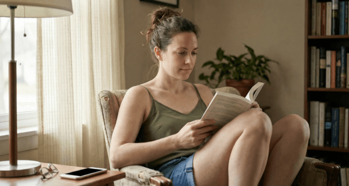 Woman in reading chair near window holding open paperback with calm thoughtful expression in soft afternoon light