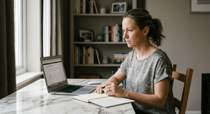 Woman at home desk reviewing laptop screen thoughtfully while comparing therapy cost options with notebook nearby
