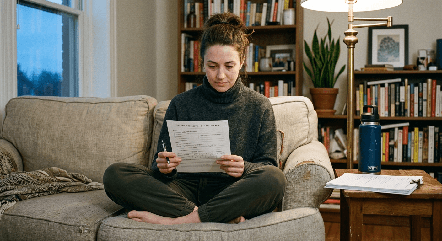 Woman sitting cross-legged on couch holding printed worksheet and pencil with focused expression in evening lamplight
