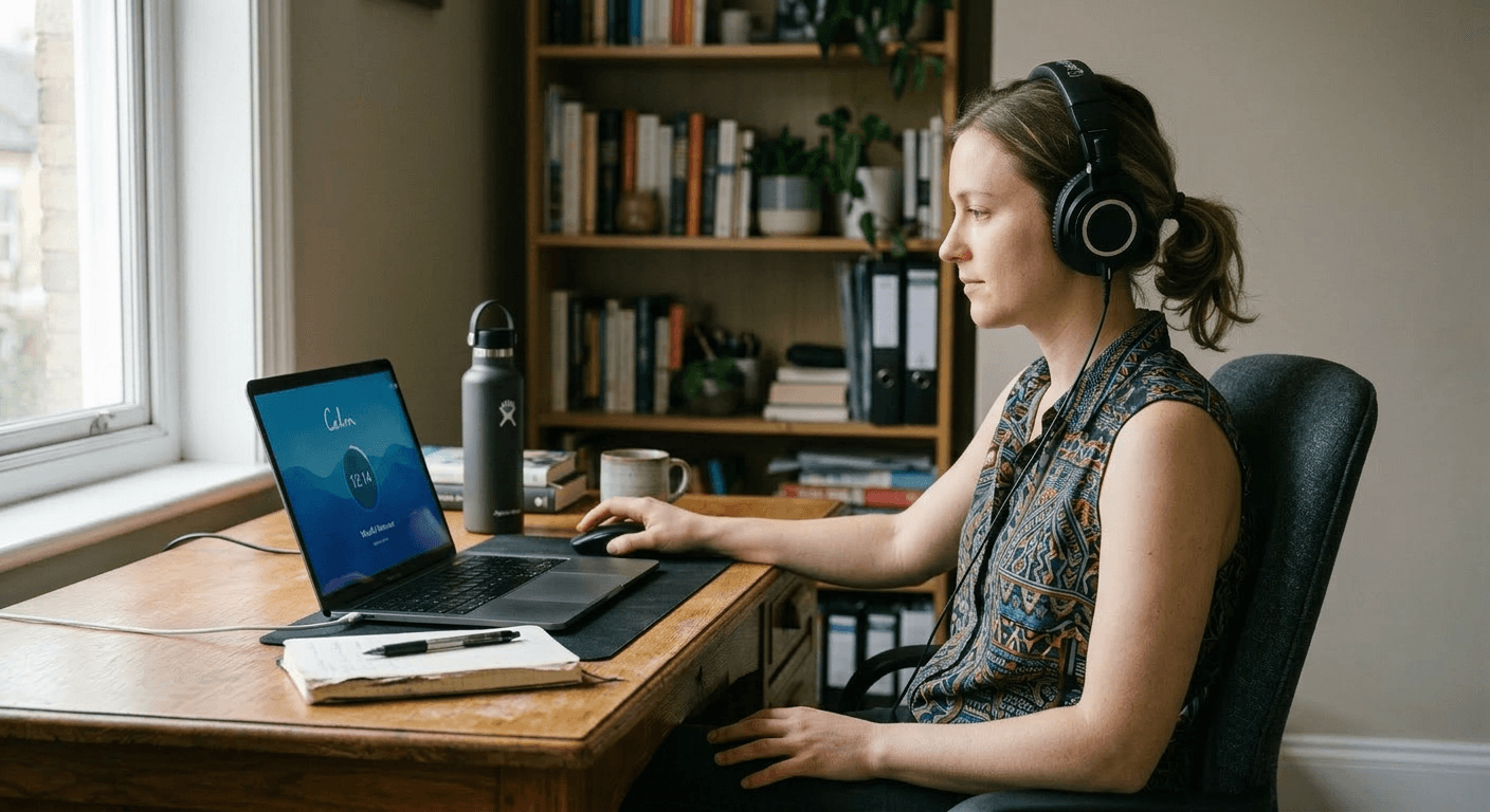 Woman wearing headphones at home office desk focused on meditation app interface on laptop screen