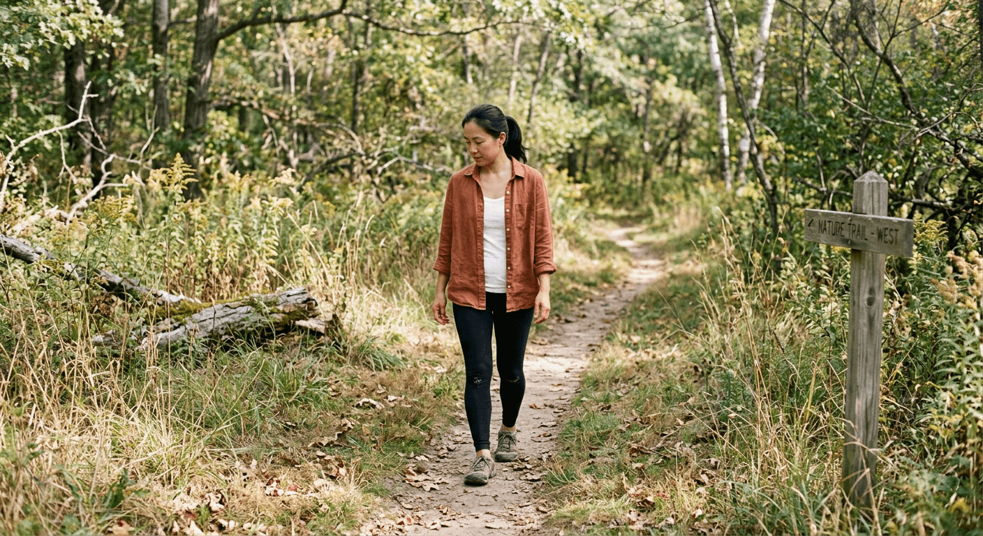 Asian woman walking slowly on dirt trail through nature with relaxed posture supporting burnout recovery through gentle movement