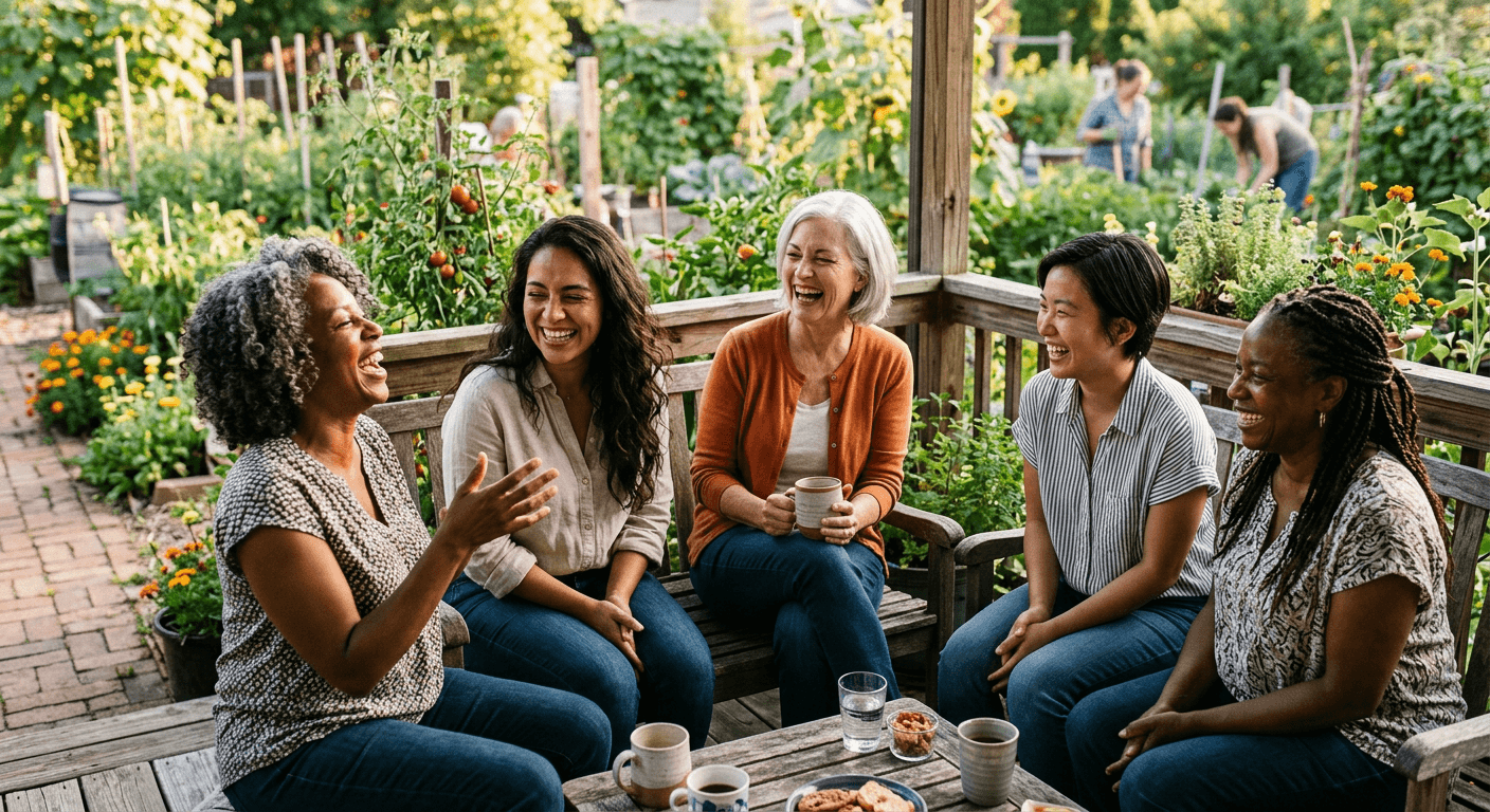 A diverse group of women of different ages share spontaneous laughter outdoors in golden‑hour light, illustrating redefining strength through genuine community, joy, and connection beyond stereotypes.