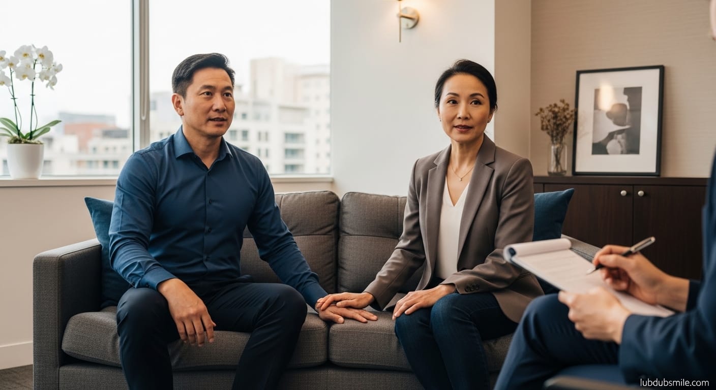 Asian couple seated on same sofa in therapy session showing collaborative investment framing for high achieving couples communication improvement