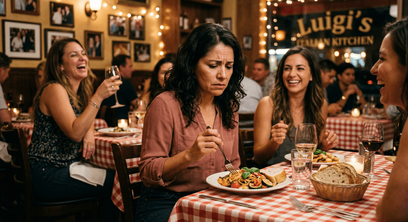 Woman at dinner with friends staring tensely at plate while they laugh showing health anxiety undermining healthy aging without obsession