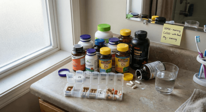Bathroom counter crowded with supplement bottles and partially filled pill organizer showing daily reality of supplement stacking complexity
