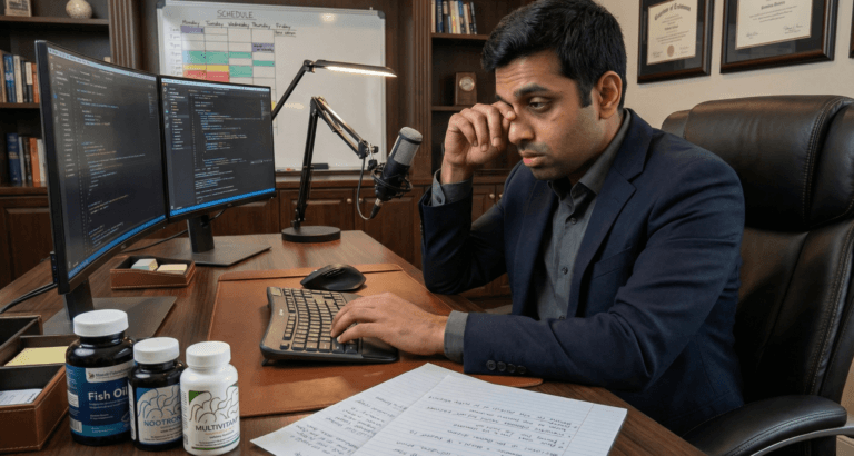 Exhausted tech worker at cluttered desk surrounded by supplements and optimization tools illustrating cognitive performance optimization for tech professionals pitfalls