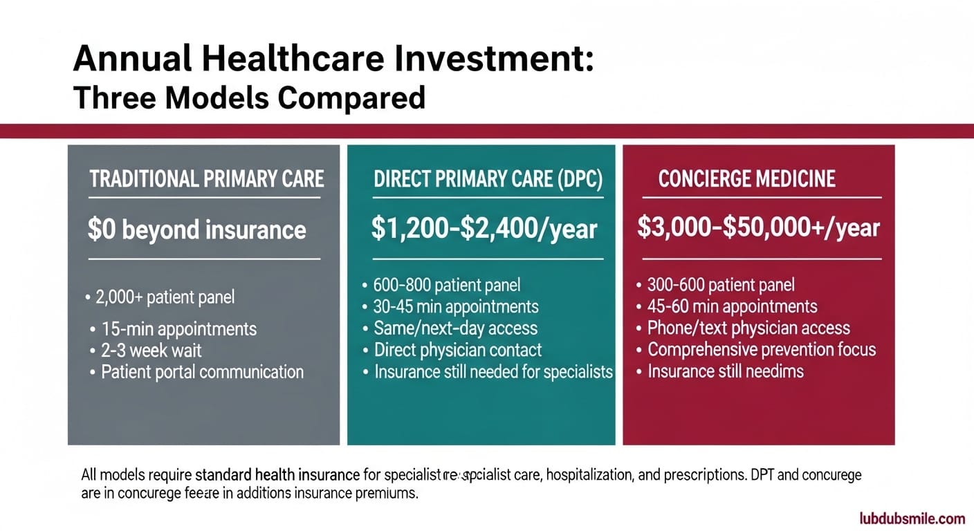 Three-panel infographic comparing annual costs and access features of traditional primary care, direct primary care, and concierge medicine vs traditional models