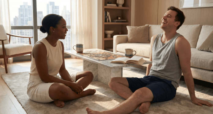 couple-apartment-floor-puzzle-tea-relaxed-ease.jpg Biracial couple sitting on apartment floor with puzzle and tea showing relaxed comfort that defines green flags in a new relationship