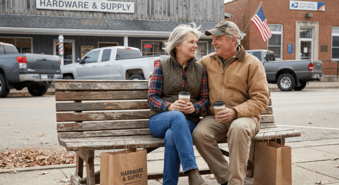 Older couple sharing coffee on bench outside hardware store showing ordinary intimacy of aging as a couple over decades