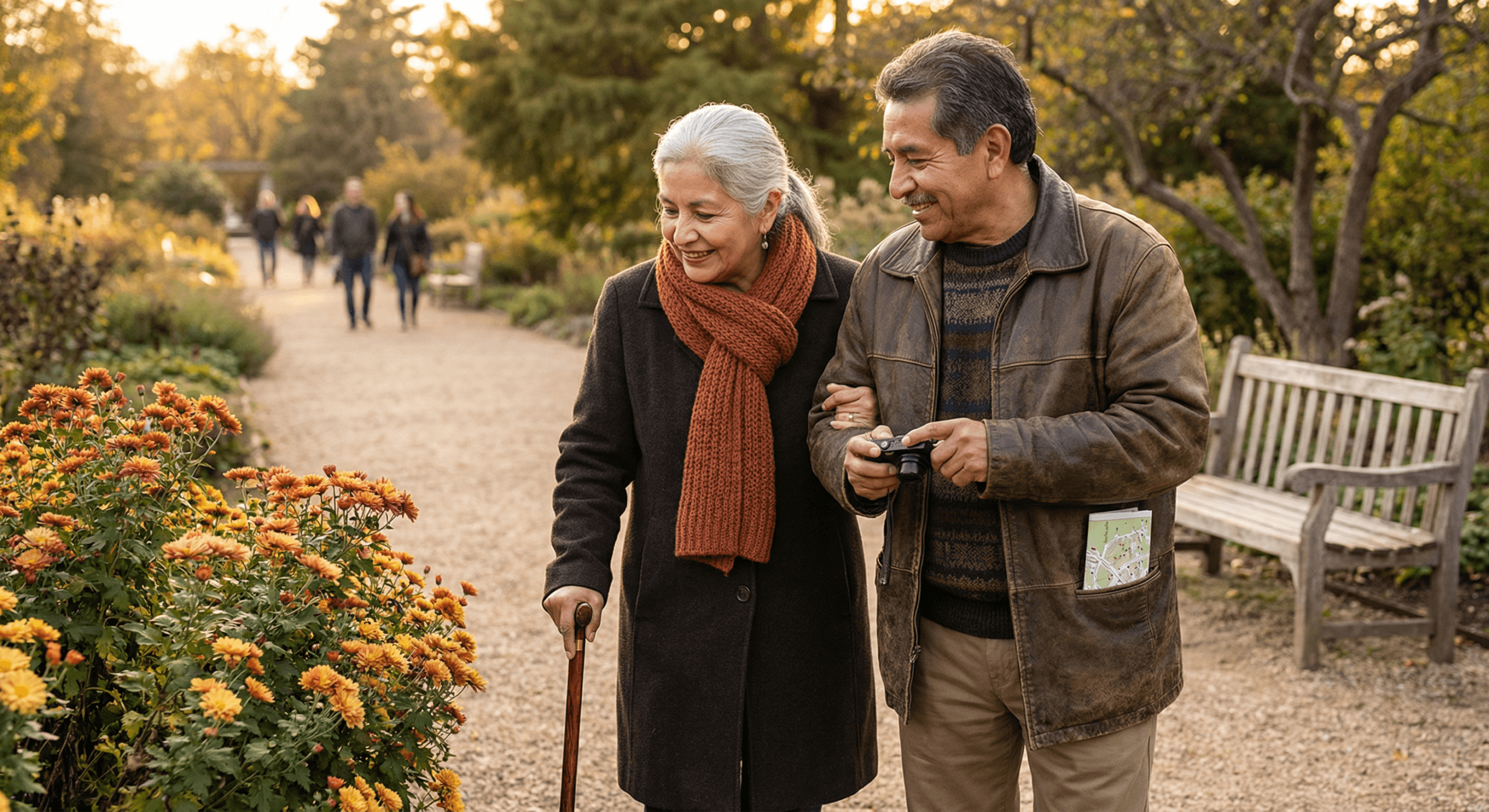 Latino couple walking arm-in-arm through botanical garden with walking stick and camera showing adapted experiences when aging as a couple