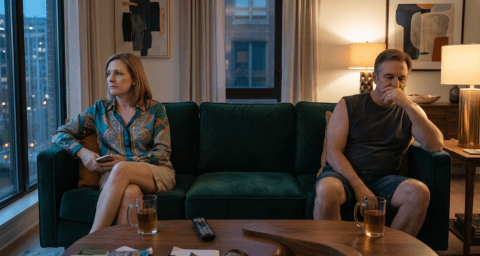 White couple sitting on opposite ends of couch in silence showing emotional distance central to emotional infidelity and physical infidelity comparison