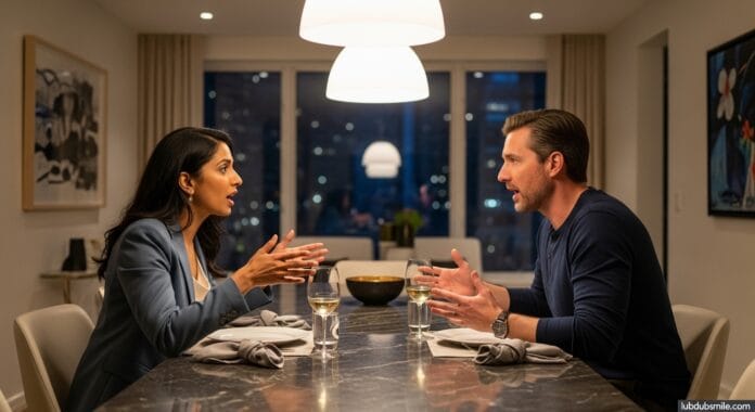 couple-dining-table-parallel-monologue-evening-conversation.jpg Professional couple at elegant dining table talking simultaneously without listening showing core high achieving couples communication breakdown