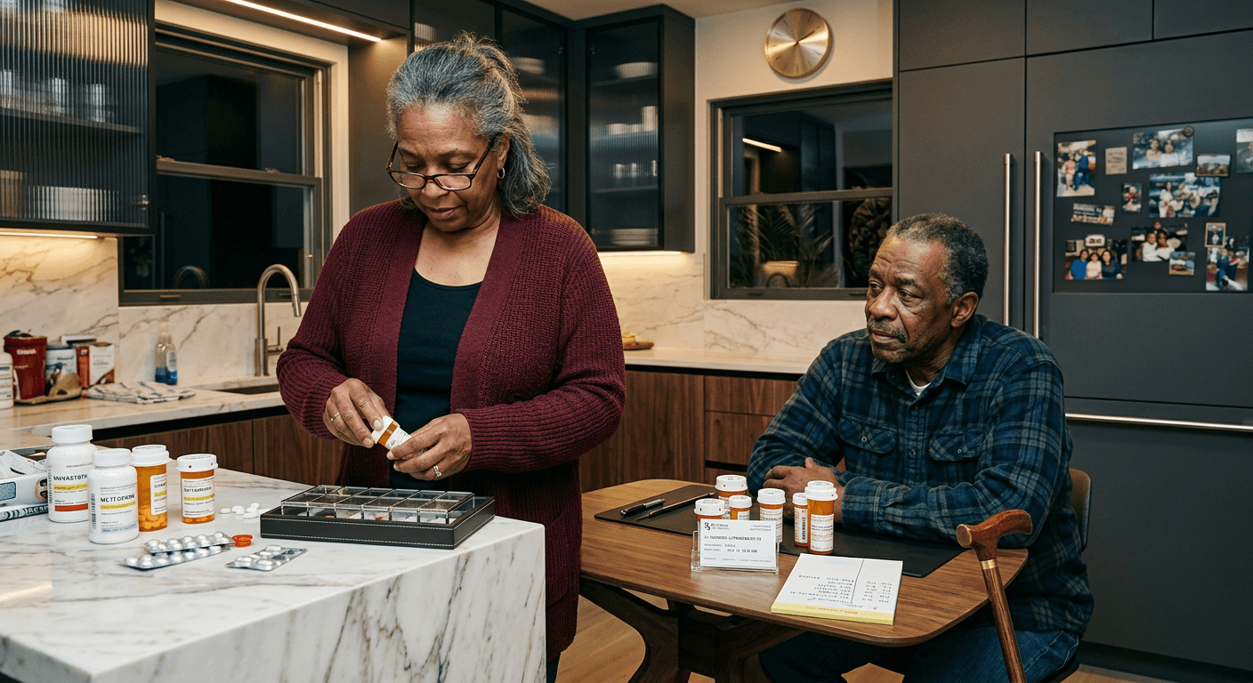 Black woman organizing husband's medications while he watches with gratitude and guilt showing health divergence when aging as a couple