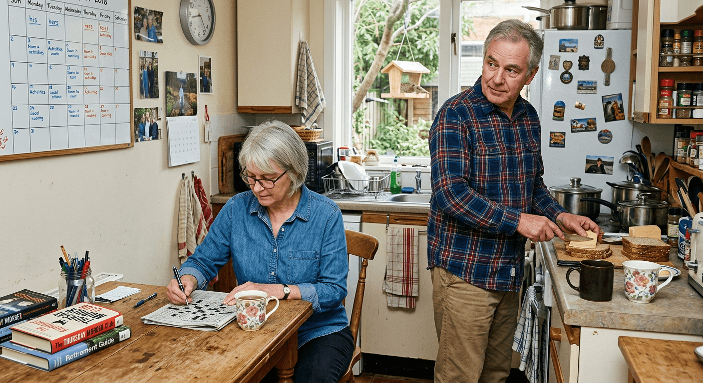 Retired couple in kitchen navigating shared Saturday morning space showing constant togetherness adjustment when aging as a couple