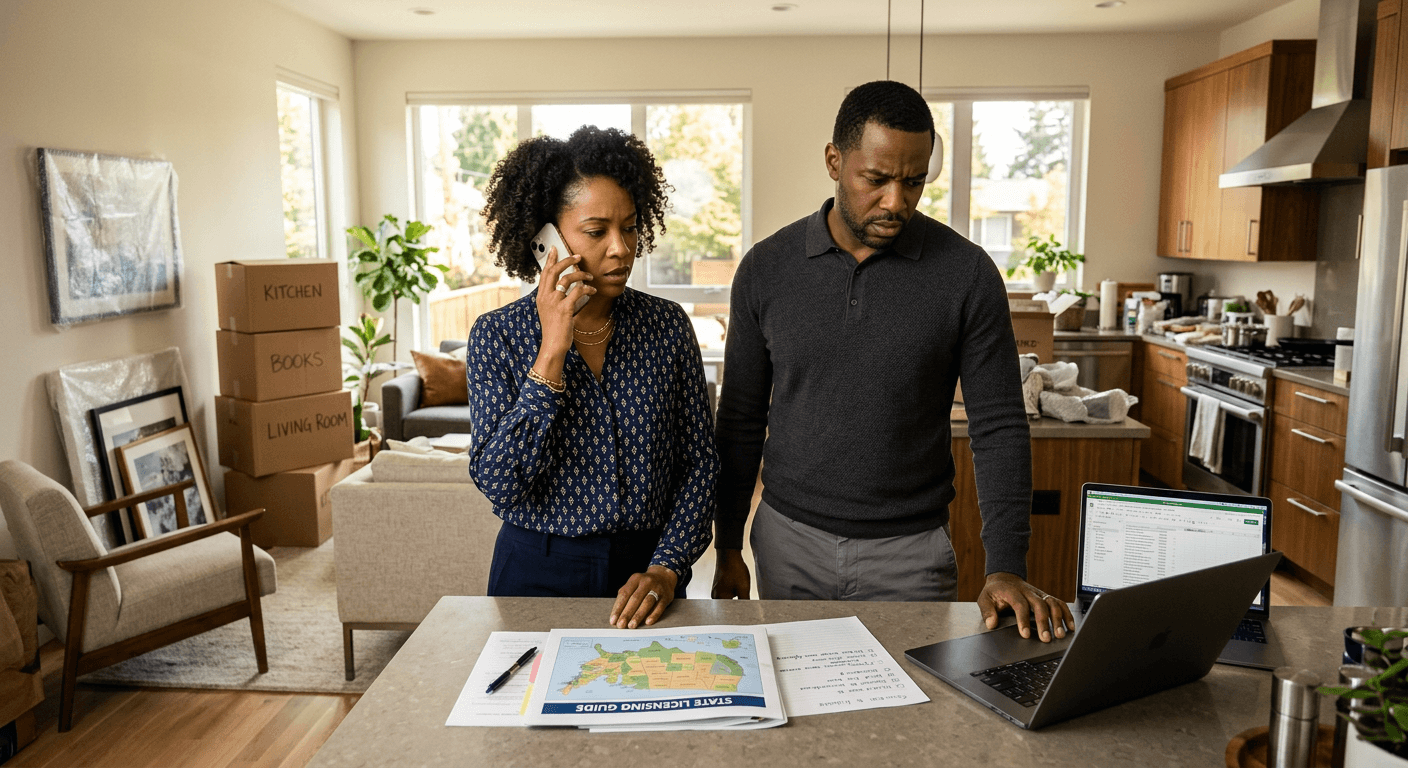 Black couple amid moving boxes researching telehealth therapy across states licensing while navigating professional relocation disruption