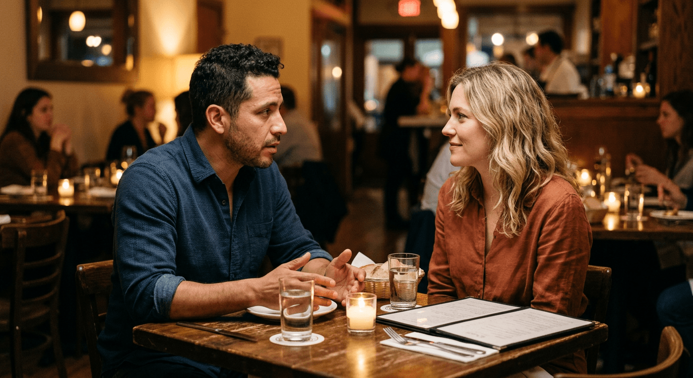 Latino man and white woman at restaurant with open honest posture showing accountable self-reflection as green flag in a new relationship