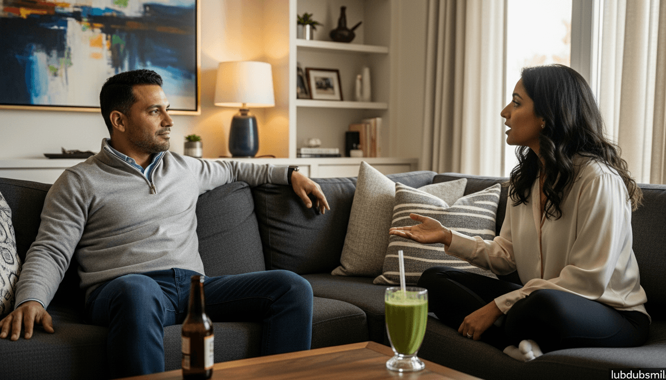 Man sitting open and still while partner speaks showing curiosity-based alternative to competitive high achieving couples communication patterns