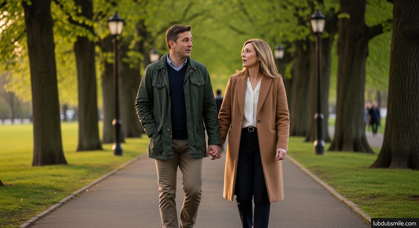 White couple walking park path in evening having measured honest conversation about high achieving couples communication patterns without face-to-face pressure